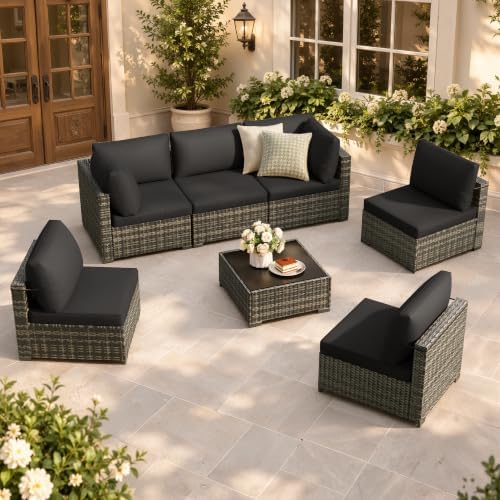 LOUVIXA 7 Piece Outdoor Patio Furniture Set, Outdoor Sectional Sofa, Wicker Rattan Patio Furniture, Patio Conversation Set with Coffee Table & Cushions