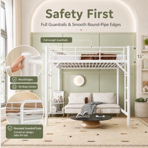 Bellemave Twin Loft Bed, Metal Round Pipe, Dual Ladders, Save Space, White