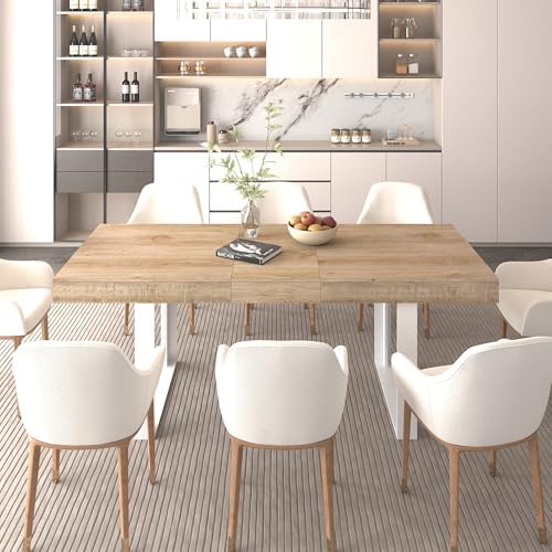 63" - 79" Extendable Dining Room Table, Expandable Kitchen Table for 6 to 10 People, Modern Wood Conference Table, Large Farmhouse Dining Table(White Oak, Double-U Base)