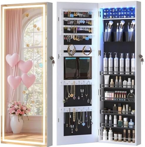 LVSOMT Wall Mounted Jewelry Organizer with Full Length Mirror, 42.5", White | Over the Door Mirror with Storage, Lockable Jewelry Cabinet for Earring Ring Necklace, Large Capacity, Gift for Women