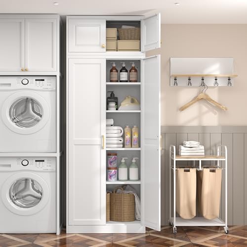 Steeloong 86"Metal Pantry Storage Cabinet with Doors & 4 Adjustable Shelves | Kitchen Pantry Cabinet,White Kitchen Cabinet with 4 Gold Handles,Tall Cabinet for Livingroom,Pantry, Bathroom,Kitchen,Garage