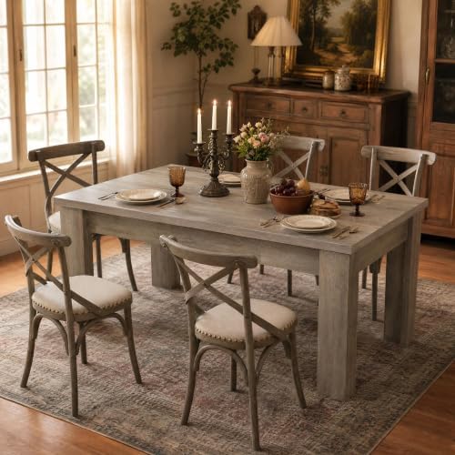 Garvee Wood Farmhouse Dining Table for 4-6, Heavy Duty Large Kitchen Table, 63 Inches Long Rectangular Dining Room Tables with Strong Legs, 1.18" Thickness Tabletop, for Big Family, Rustic Gray