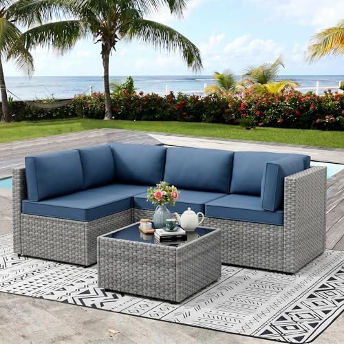 Vongrasig 5 Pieces Patio Furniture Set with Cushion, Glass Table, Navy Blue