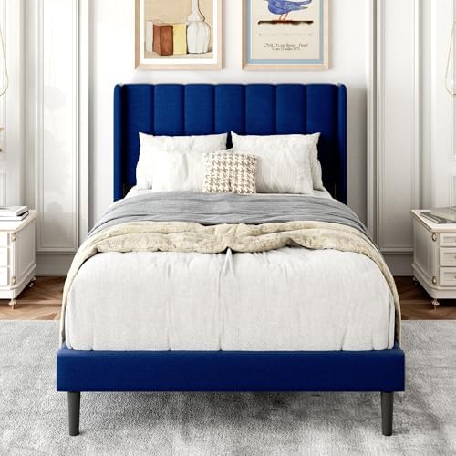 Gruwans Twin Size Bed Frame with Upholstered Wingback Headboard, Easy Assemnly Platform Bed, Wooden Slat Support No Box Spring Needed, Navy Blue