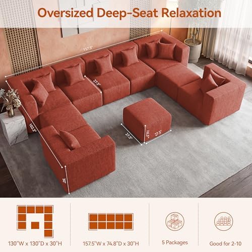 MONVANE Modular Sectional Sofa, Oversized 10 Seat Convertible U Shaped Couch with Ottoman, Comfy Chenille Cloud Couch with Deep Seat, Sectional Couches for Living Room, No Assembly Required, Rust Red