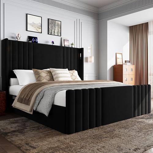 55" Tall Queen Size Platform Bed Frame with 2 Reading Lights, Black