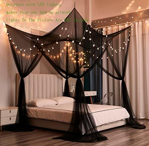 Mengersi Bed Canopy,Canopy Bed Curtains Bed Drapes for Full Queen King Size Bed,Mosquito Net Bed Curtains for Patio Indoor Outdoor Net,Black Bed Canopy Curtains for Gothic,Halloween Decoration