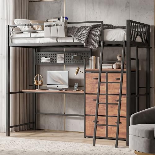 Decofy Twin Loft Bed with Desk and 6 Storage Drawers, Metal Loft Bed Twin Size with Charging Station & LED Lights, Bed Frame with Hanging Rod, Safety Ladder & Guardrail, Bedside Caddy for Kids, Teens