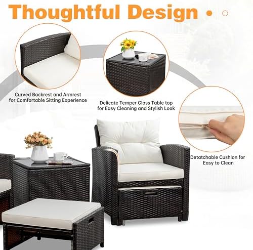 Shintenchi 5 Pieces Patio Furniture Set, Outdoor Wicker Patio Conversation Set with Ottoman, All Weather Rattan Outside Chairs with Coffee Table & Cushion for Porch, Garden, Backyard, Beige