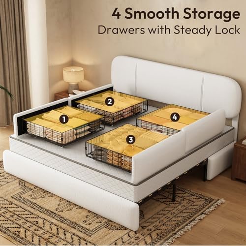 King Size Bed Frame with Storage, Boucle Cloud Bed with 4 Locking Drawers & LED Lights, Modern Upholstered Platform Bed, Plush Sides & Footboard, Adjustable Headboard, No Box Spring, Cream
