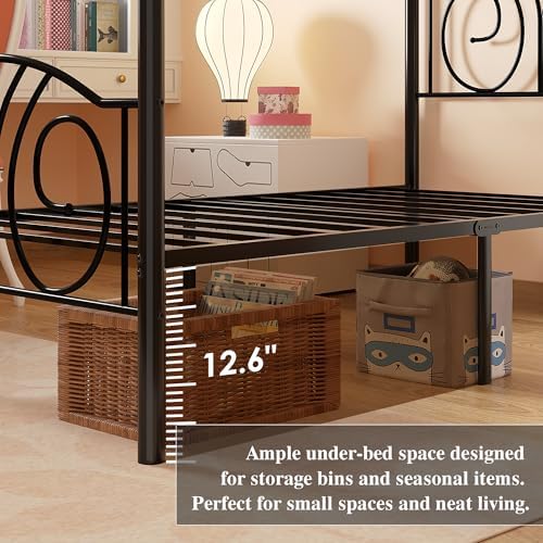VECELO Twin Canopy Bed Frame, Vintage Scrollwork Headboard, Matte Black