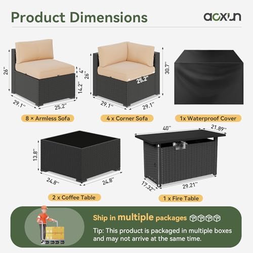 Aoxun 15 Piece Patio Furniture Set with 44” Fire Pit Table Wicker Rattan Patio Sectional Sofa Set Outdoor Seating Furniture with Thickened Cushion, Beige