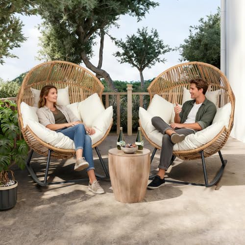 Shintenchi Wicker Egg Chair,Oversized Outdoor Indoor Rocking Chair,Large PE Rattan Rocking Chair with Cushion for Patio, Balcony, Backyard, Garden, Beige