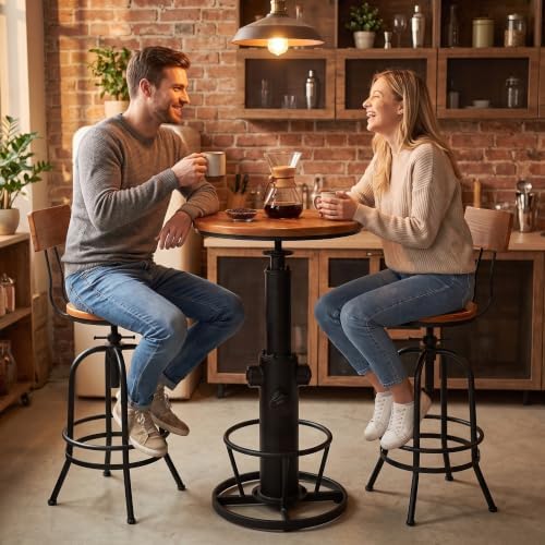 Vintage Bistro Table Height Adjustable 38.6-44.4inch Industrial Bar Table for Kitchen Dining Room Coffee House Pub Office Swivel Round Wooden Top for 2-3 People