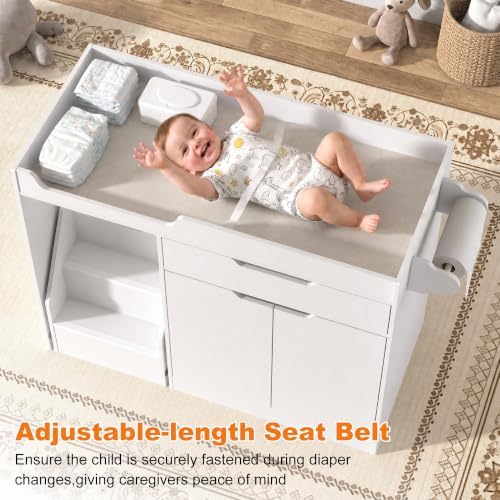 St.Mandyu Baby Changing Table with Drawers & Storage, Diaper Changing Station with Stairs, Toddler Wooden Changing Table with Paper Roller for Daycare & Home, White