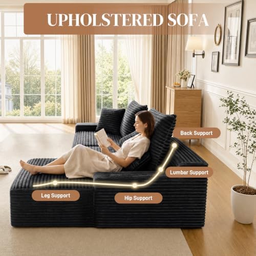 95" L Shaped Cloud Couch Modular Sectional Sofa, Comfy Fluffy Corduroy Black Boneless Sectional Couches for Living Room, Modern Cloud Sofas with Cup Holders & Right Facing Chaise, Black