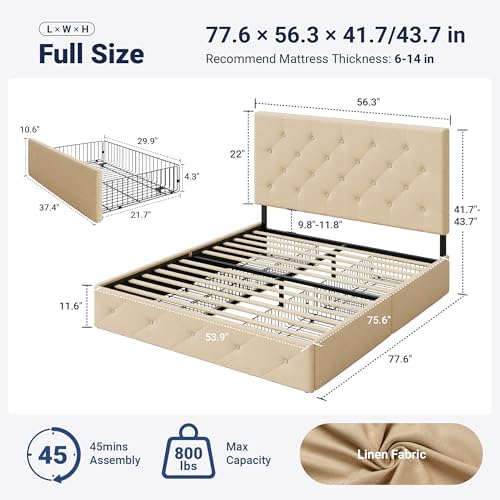 Allewie Full Size Storage Bed Frame with 4 Underbed Drawers, Upholstered Platform Bed with Adjustable Headboard, Diamond Button Tufted, Easy Assembly, Noise-Free, No Box Spring Needed, Beige