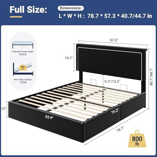 Allewie Full Lift Up Storage Bed Frame with Charging Station, Black