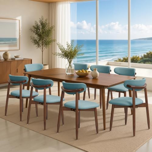 CHUN YI Dining Chairs Set of 8, Upholstered Solid Wood Dining Room Chairs, Mid Century Modern Fabric Kitchen Chairs with Ergonomic Curved Back, Blue (Only Chairs)