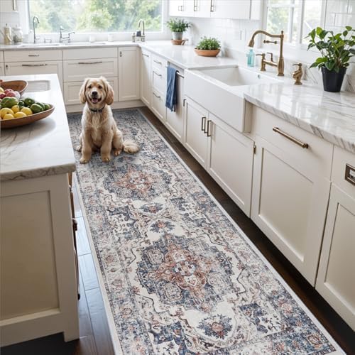 Hallway Washable Runner Rug - 2x10 Kitchen Rugs Entryway Rug Runner Vintage Soft Floor Mat Non Slip Indoor Farmhouse Carpet for Bathroom Living Room Bedroom (2 X 10, Brick)