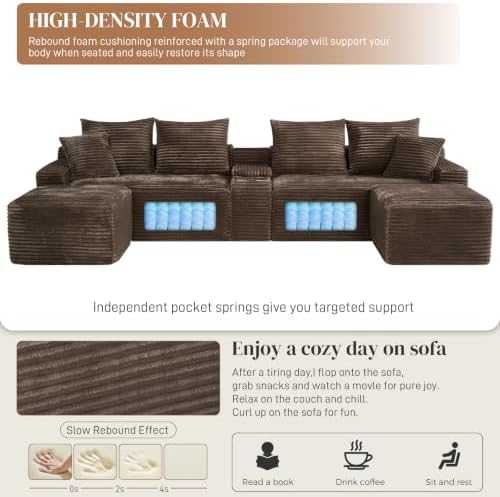 127" U Shaped Cloud Couch Modular Sectional Sofa, Fluffy Comfy Corduroy Boneless Sectional Couches for Living Room, Modern Cloud Sofas with Cup Holders & USB Port, Brown