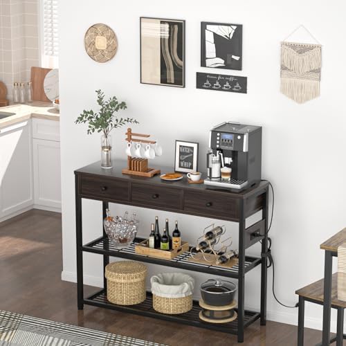 Ecoprsio 47'' Entryway Table with Outlets and USB Ports, Console Table with 3 Drawers, Sofa Table Narrow Long with Storage Shelves for Living Room, Couch, Hallway, Foyer, Black Walnut Finish
