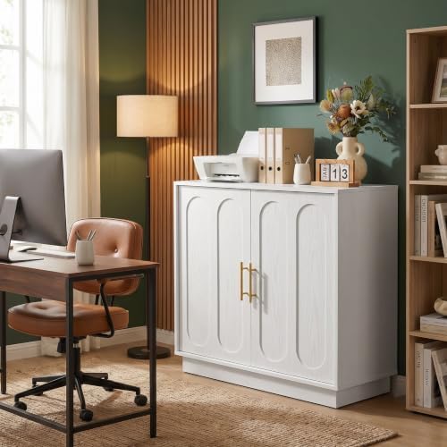 holzart 31.5" Modern Farmhouse Storage Cabinet, White 2 Door Sideboard Buffet with Gold Handles, Fluted Wood Accent Credenza for Entryway, Living Room, Coffee Bar, Home Office