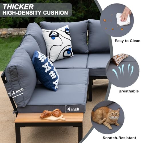 5-Person Outdoor Patio Furniture Set, Durable Metal Frame Outdoor Sectional with Wood-Look Table & Waterproof Cushions, All-Weather Conversation Set for Garden, Balcony, Poolside-Grey