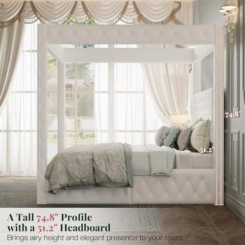 Jocisland King Canopy Bed Frame Velvet Upholstered Headboard, Cream