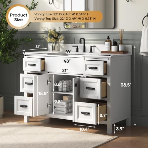 48 Inch Bathroom Vanity with Sink, Fully Assembled, White | Farmhouse Solid Wood Single Sink Bathroom Vanity with Soft Close Doors & Dovetail Drawers, Apron Farm Sink, 0.78" Stone Top