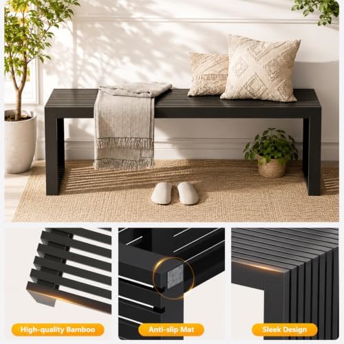 Bamboo Dining Bench, 35'' Slatted Design Entryway Bench, Black