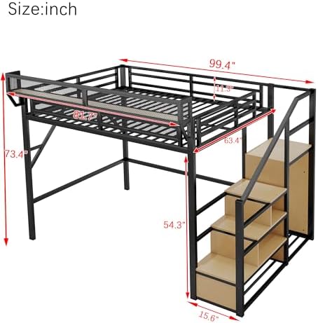 KEIKI Queen Size Metal Loft Bed Frame with Convertible Staircase, Built-in Storage Shelves and Wardrobe, Loft Bed with Solid Slats, Guardrail, No Box Spring Required, Easy Assembly, for Bedroom, Black