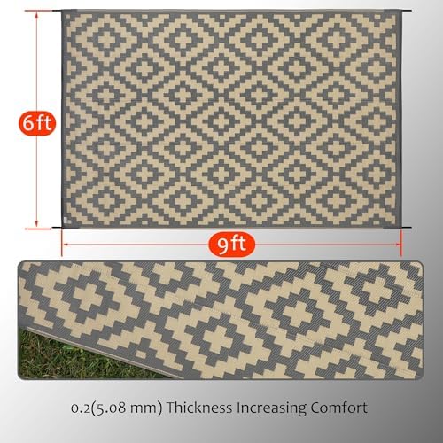 SAND MINE 6 x 9 Ft Reversible Mats, Plastic Straw Rug, Modern Area Rug, Large Floor Mat and Rug for Outdoors, RV, Patio, Backyard, Deck, Picnic, Beach, Trailer, Camping, Grey & Tan
