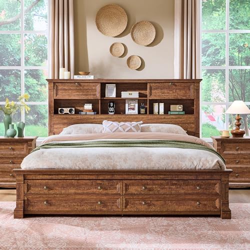 Farmhouse King Size Bed Frame with 54" Tall Headboard, Charging Station