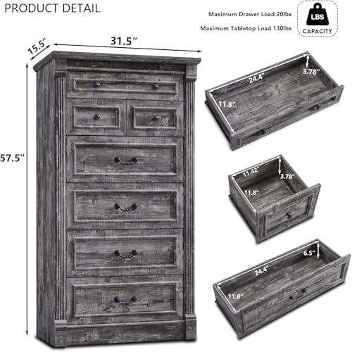 Aitjunz Farmhouse 57" Tall 7 Drawers Dresser for Bedroom, Light Grey