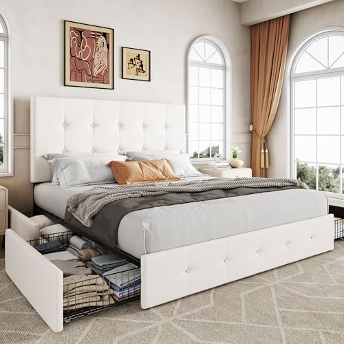 Allewie Queen Size Storage Bed Frame with 4 Underbed Drawers, Upholstered Platform Bed with Adjustable Headboard, Square Button Tufted, Easy Assembly, Noise-Free, No Box Spring Needed, Soft White