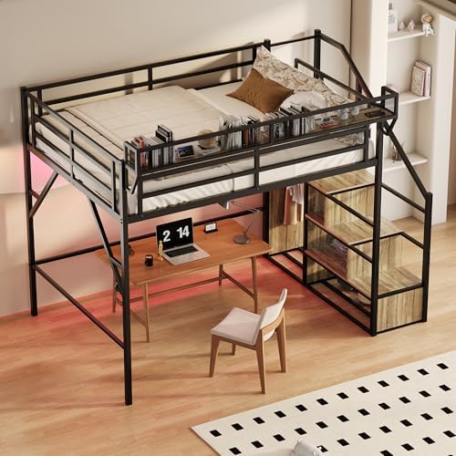 Queen Size Metal Loft Bed with Reversible Stairs and LED & USB Port