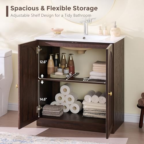 IFBUY 30 Inch Arched Bathroom Vanity with Sink, Fluted Design, Dark Walnut | Modern Bathroom Vanity Cabinet w/Adjustable Storage Shelf, Freestanding Single Bathroom Vanity w/Ceramic Basin, Space-Saving