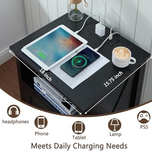 Farmhouse 2 Drawers Dresser for Bedroom,Black Dresser with Charging Station