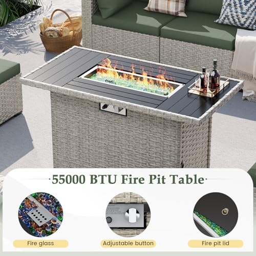 Outdoor Patio Furniture Set with Fire Pit 8 Pcs Wicker Sectional Sofa Green