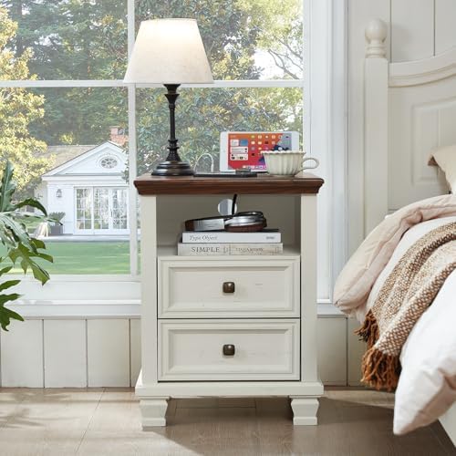 SAVOR LIFE Farmhouse Side Table with Charging Station, White
