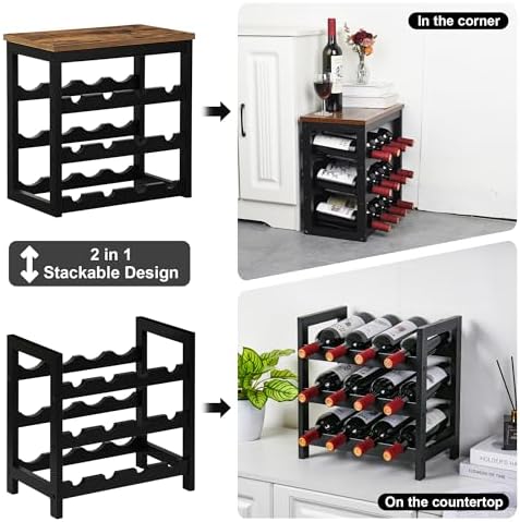 VASMIA Wine Rack Freestanding Floor, 6 Tier Bamboo Wine Storage Shelves with Table Top, 24-Botttle Wine Rack Shelf for Kitchen Bar Dining Room Living Room, Rustic Brown and Black