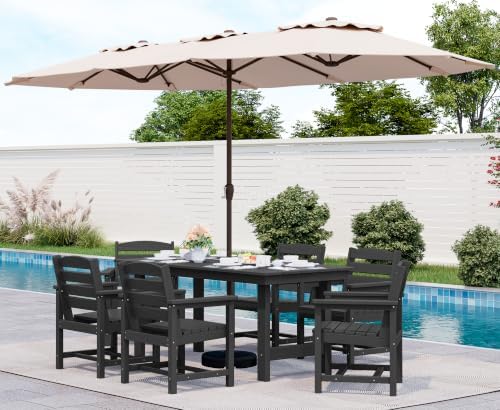 SERWALL HDPE Dining Set with Umbrella, Outdoor Dining Set for 6, Black