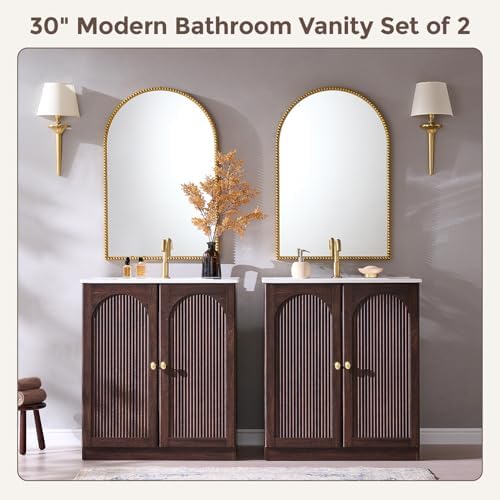 IFBUY 30 Inch Arched Bathroom Vanity with Sink, Fluted Design, Dark Walnut | Modern Bathroom Vanity Cabinet w/Adjustable Storage Shelf, Freestanding Single Bathroom Vanity w/Ceramic Basin, Space-Saving