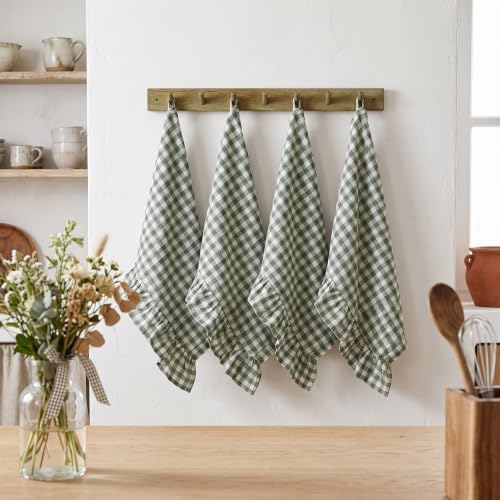 HunnmingRe 4 Pcs Sage Green Gingham Kitchen Towels Cotton Ruffled