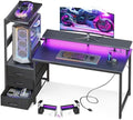 AODK 52 Inch Gaming Desk with USB Charging Ports & LED Light- Reversible Computer Desk with Storage Shelves & Monitor Stand, Modern Gamer Desk Table with Fabric Drawers, Black