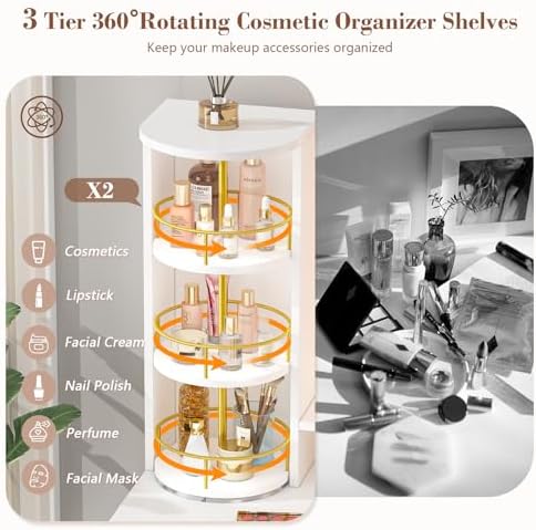CSZZD White Vanity Desk with 360° Rotating Organizer & Charging Station | Large Makeup Vanity with LED Lighted Mirror and 6 Storage Drawers, Bedroom Vanity Table for Women Girls