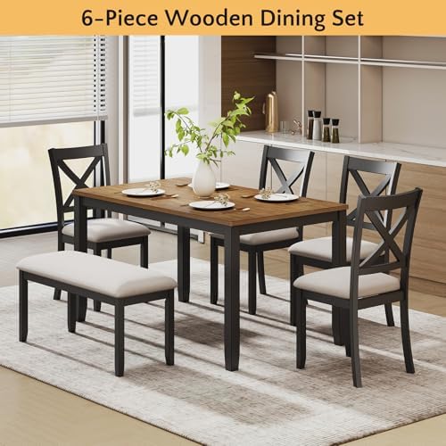 Zevemomo 6-Piece Solid Wood Dining Table Set, Farmhouse Wooden Legs, Black