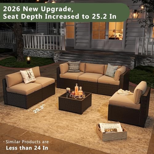 Aoxun 7 Piece Patio Furniture Set, Wicker Rattan Patio Sectional Sofa, Outdoor Furniture Set with Thickened Cushion, Beige