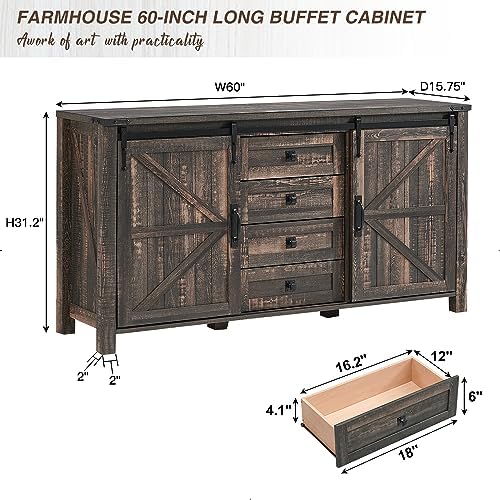 T4TREAM 60" Wide Farmhouse Sideboard Buffet Cabinet, Dark Rustic Oak